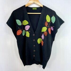 Miny Black Knit V Neck Sleeveless Sweater Vest Embroidered Leaves Womens Large